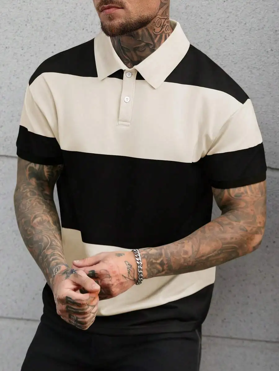 Mens Casual Striped Shirt with Turndown Collar - Black and Cream Color Block Design
