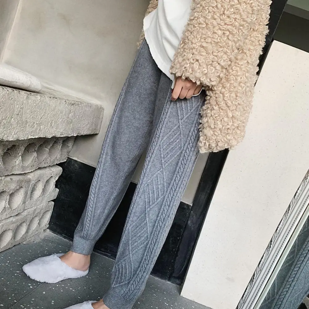 Elastic Waist Pants Elastic High Waist Women's Harem Pants with Adjustable Drawstring Loose Fit Knitting Trousers Solid Color