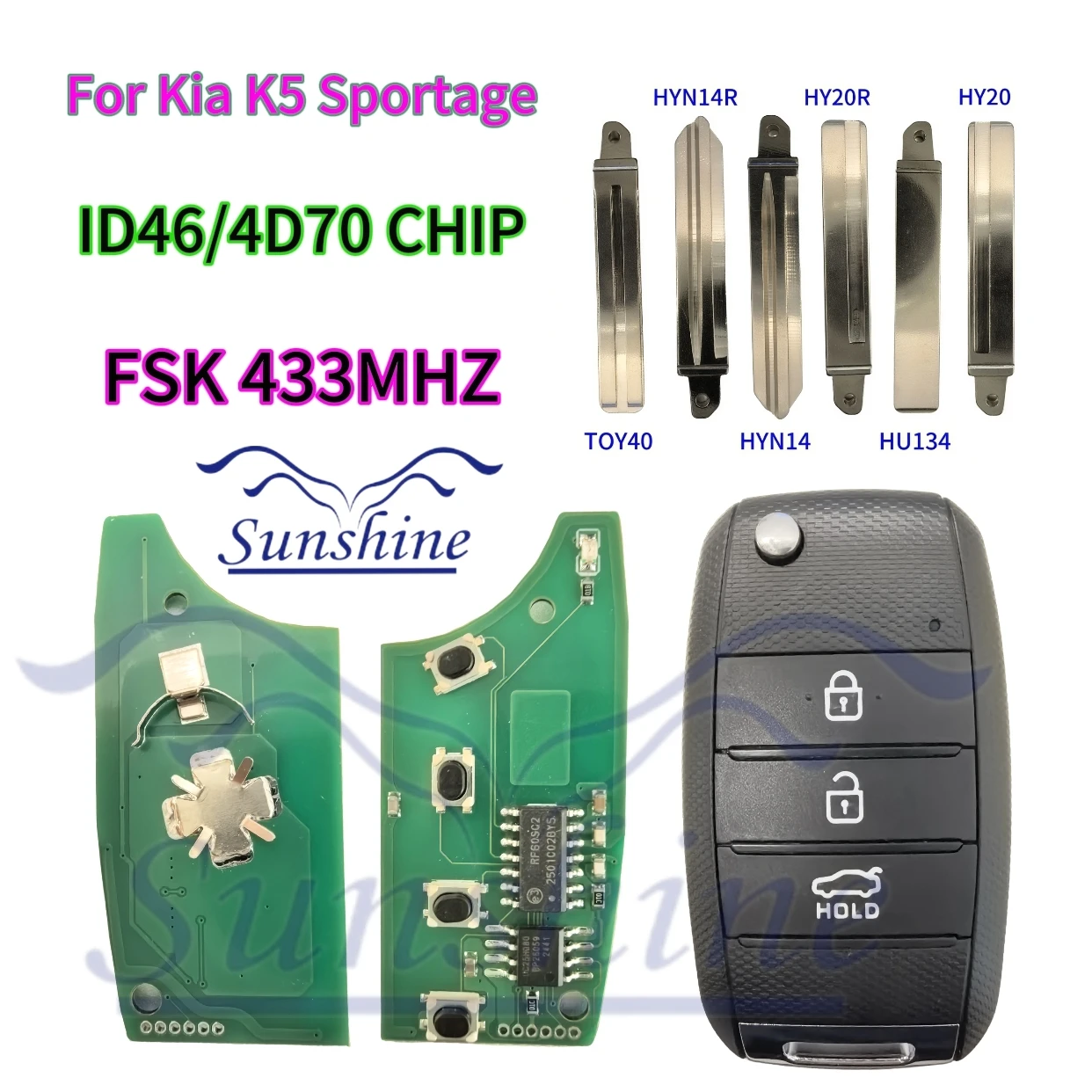 

Sunshine 3BT Remote Flip Car Key 433MHZ with ID46 ID70 Chip Keyless Fob for Kia K5 Sorento Sportage 2013-2015 Key Replacement