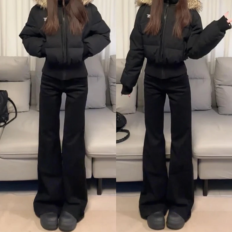 

Thickened Fleece High Waist Slimming Black Bell Bottom Jeans Women's Winter Fashion Slight Flare Denim Pants Warm Cotton Stretch