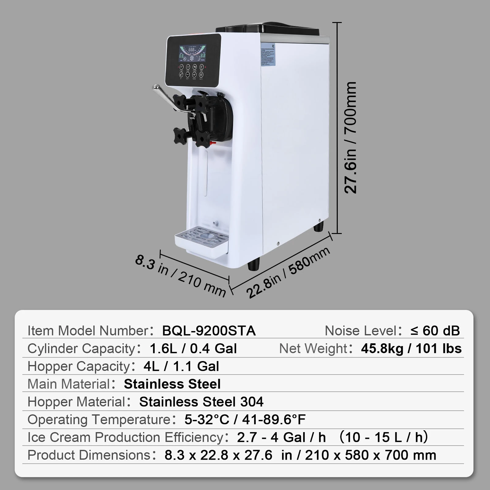 VEVOR Commerciële Ijsmachine 10,6 QT/H Opbrengst 1000W Enkele Smaak Aanrecht Soft Serve Ijs Maker 4L Hopper Cilinder
