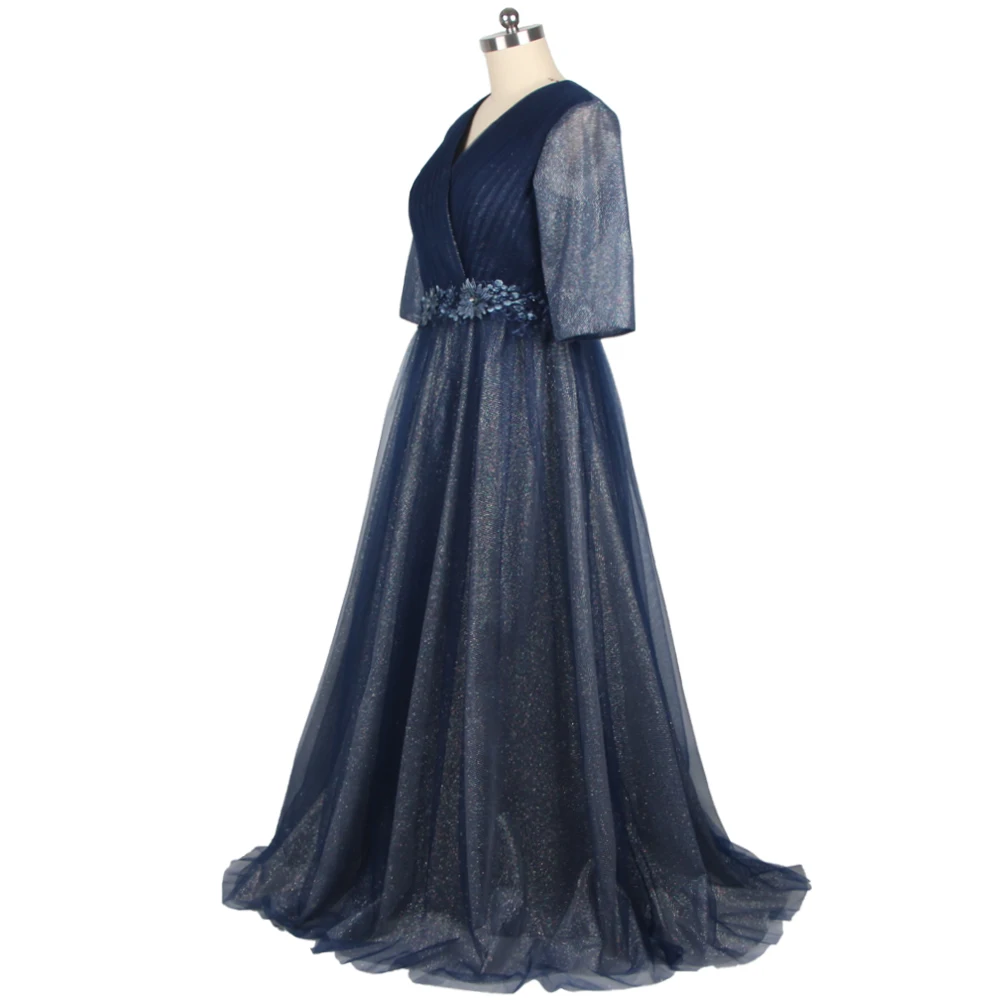 Feelingarden – robe de soirée bleu marine, col en v, demi-manches, plissée, longueur au sol, grande taille, robe de soirée pour femmes, A2369