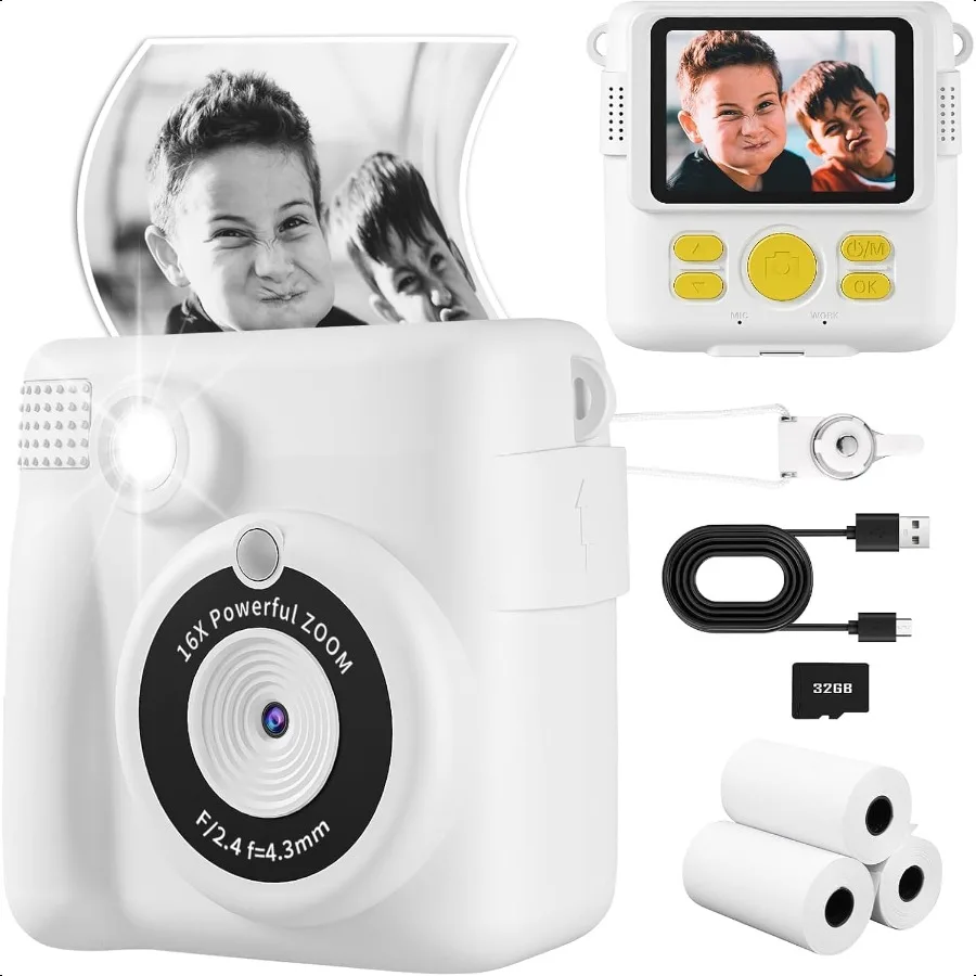 

Camera Instant Print Safe Toddler Camera HD Digital Cameras 16X Digital Zoom 32G SD Card 2.4Screen Instant Print Cameras for 4