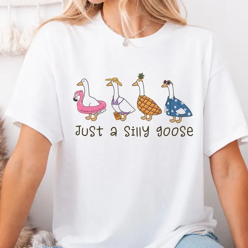 

Women's Funny Goose T-Shirt | "Just A Silly Goose" Summer Vacation Graphic Tee | Cute Animal Beach Party Gift Top