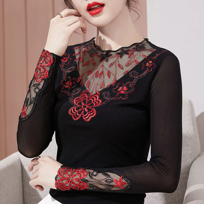 SALE Fashion Casual Long Sleeved Lace T-Shirt Elegant Slim Hollow Out Embroidered Bottom Shirt