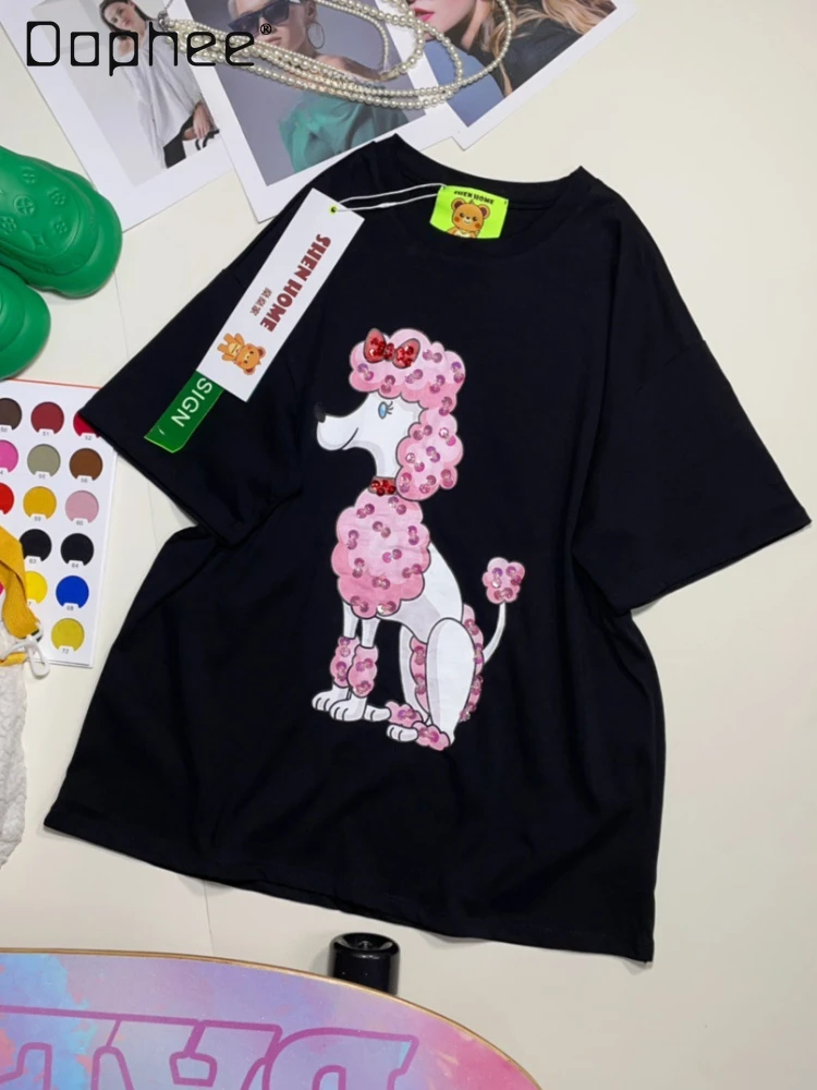 Korean Style Loose All-Match Sequins Dog Printed Loose Casual Short-Sleeve T-Shirt 2024 Summer New Mid-Length round Neck Top