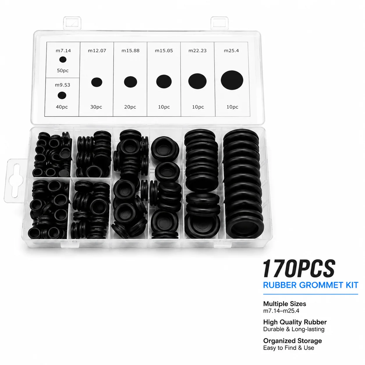 170 Pieces of M7.14/9.53/12.07/15.88/19.05/22.23/25.4 Black Rubber Washer Electrical Harness Opening Protective Rubber Ring Set