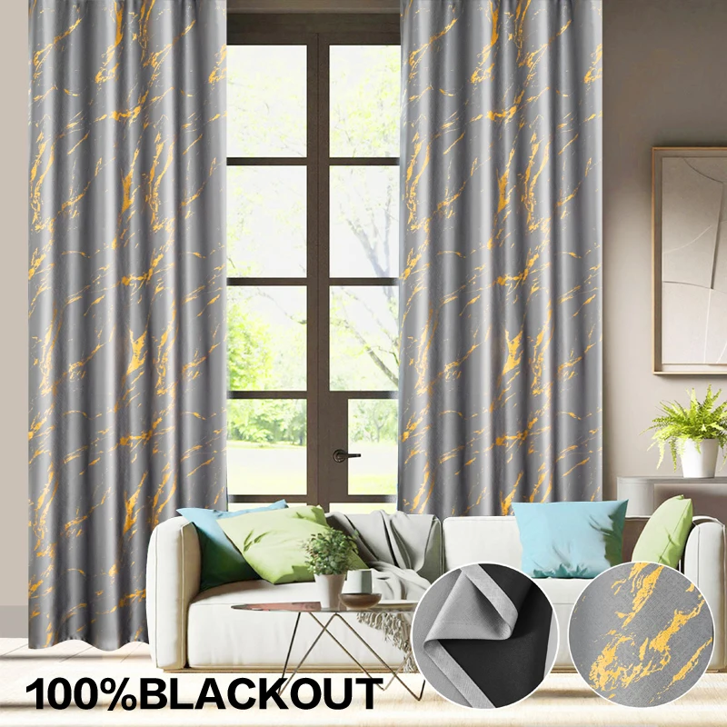 2pcs Gold Foil Printed Marble Grey Blackout Curtains , for Bedroom Kitchen Living Room, Home Decor, Room Decor