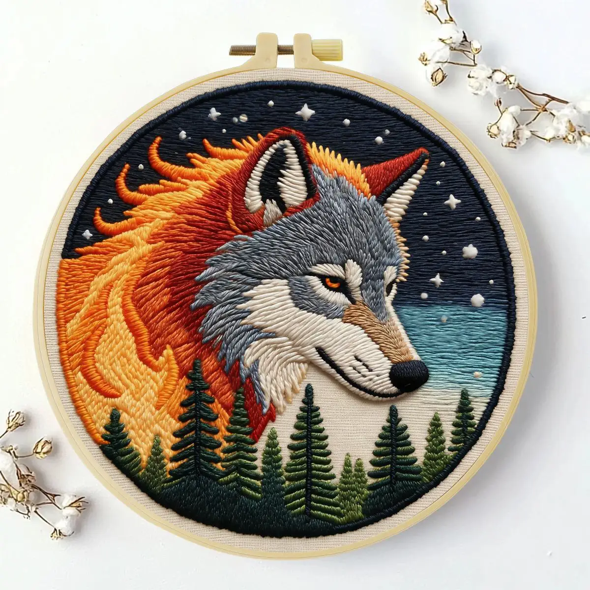 1 Stück 20X20CM/15X15CM 7,87/6,3 Zoll Flammen-Wolf-Stickerei-Starter-Kit DIY-Kit DIY-Stickerei-Set Handarbeiten Nadelkunst – Detail 4