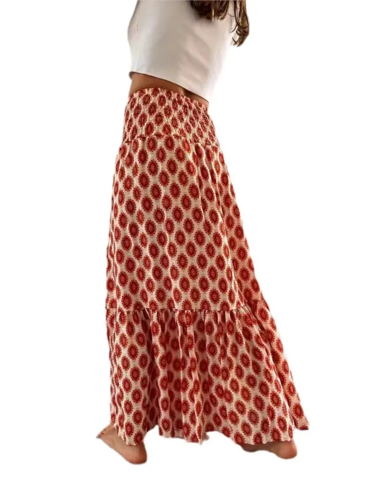 Fashion Women Skirts Spring Summer New Casual All-match Skirt Loose Elastic Waist Floral Print Ethenic Style Boho Skirt