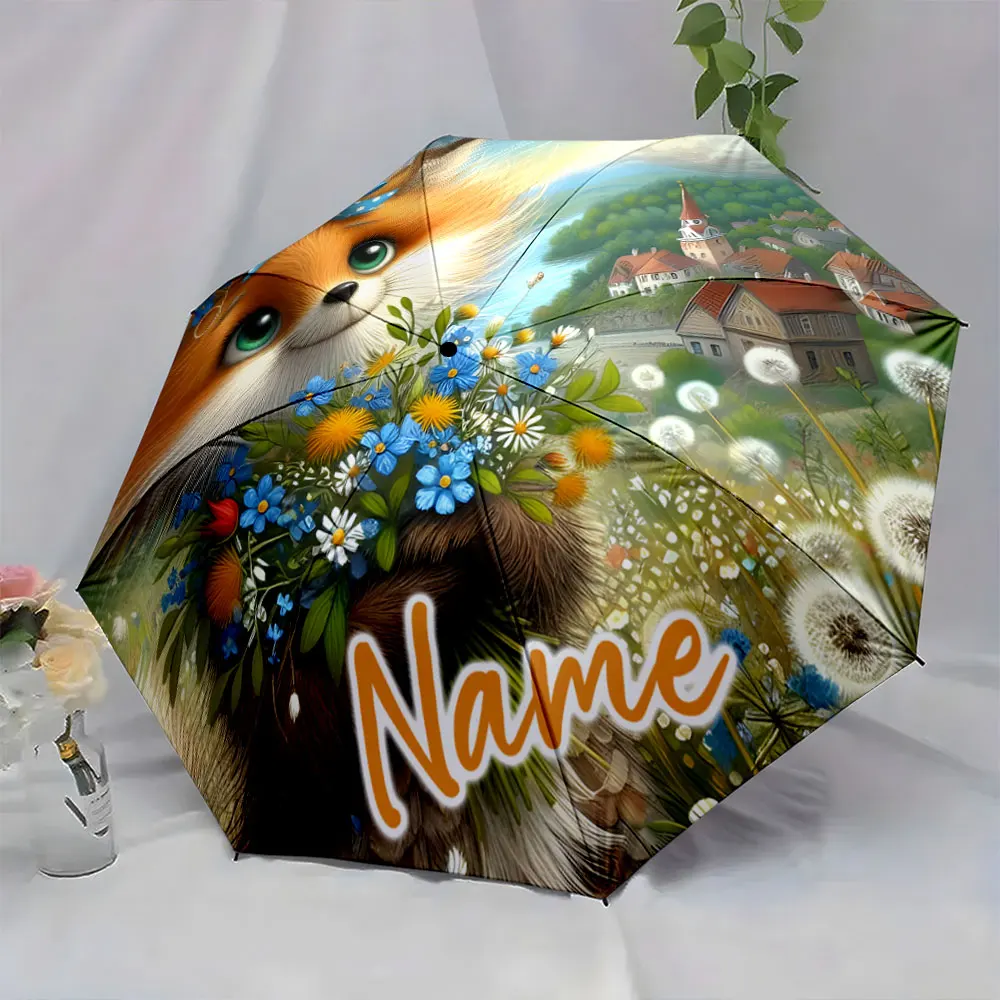 Custom Name Whimsical Umbrella with Fox Floral Village Design Print 8 Iron Ribs Folding Umbrella Auto-Open Fashion Sunshade