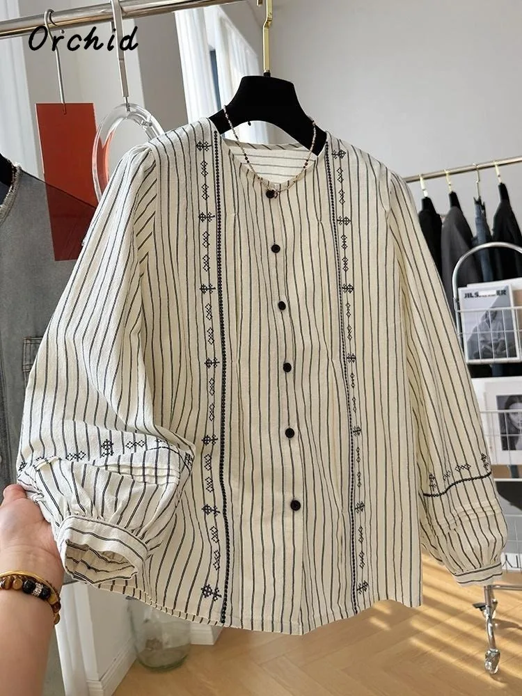 

Japan Style Round Neck Long Sleeve Striped Retro Blouses 2025 Winter Women Vintage Casual Single Breasted Basics Shirts Top