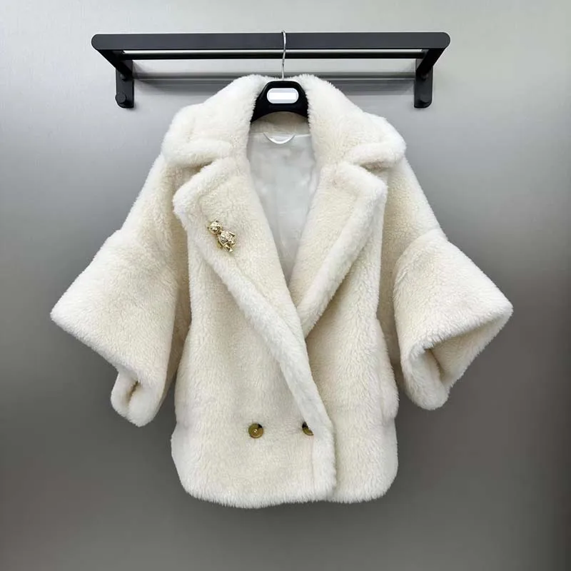 Teddy Bear Solid Color Cape Style Women Coat Winter Short Length Thick Warm Turn-Down Collar Sheep Wool +Alpaca+ Silk