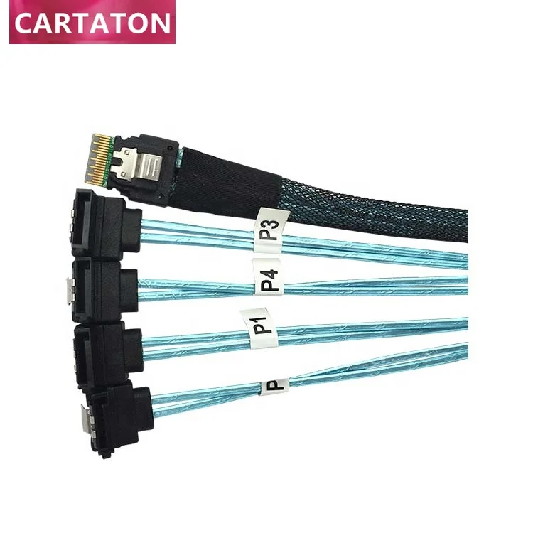 

1M Slim Line SAS 4.0 SFF-8654 4i 38Pin Host to Angled 4 SATA 7Pin Target Hard Disk Fanout Raid Cable