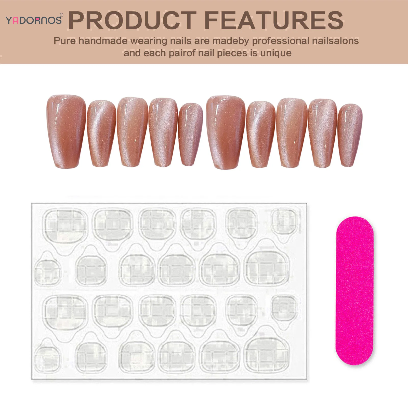 Uñas postizas rosas hechas a mano, Ojo de gato, purpurina de longitud media, cubierta completa, manicura usable extraíble, uñas de verano para mujeres