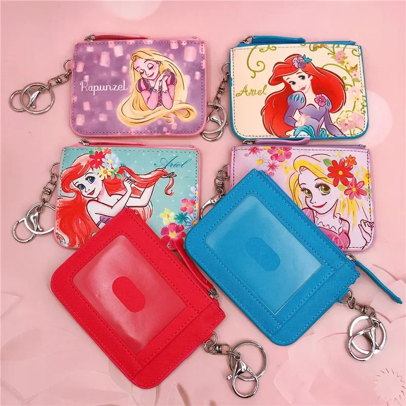 Cartoon Disney Princess Series Card Case Coin Purse Pu Leather Student Rice Card Bag Loose Purse with Key Chain Portable