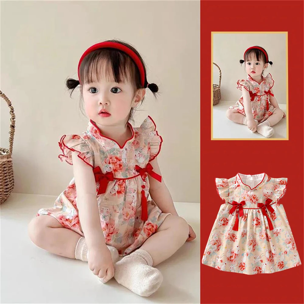 Summer Baby Newborn Cotton Little Flying Sleeve Dress Girl Stand up Collar Cute Printed One Year Birthday Cheongsam Dress