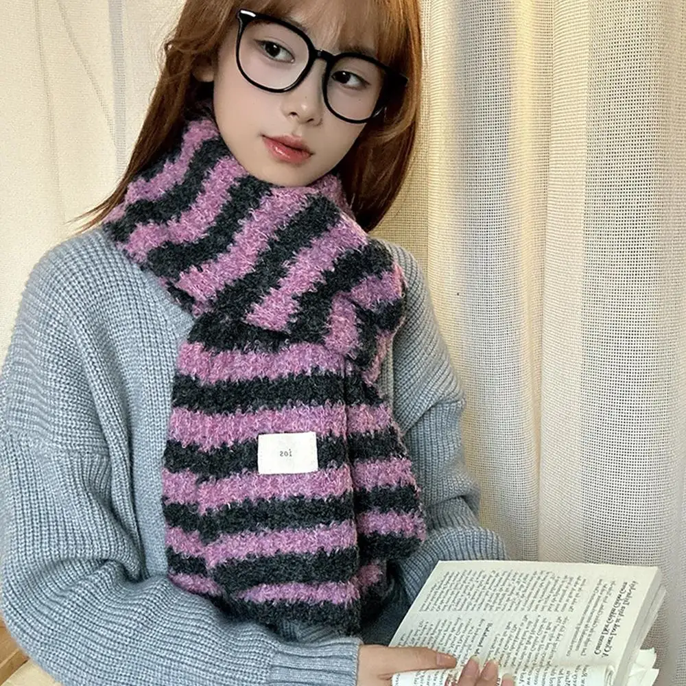 

Colorful Stripe Scarves Korean Striped Knitted Scarf Thicken Wool Blend Lush Long Shawls All-Match Harajuku Gothic Shawl