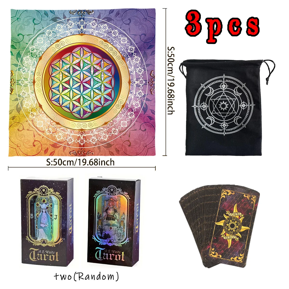 Juego de 3 Cartas del Tarot Mandala Flor de la Vida, 1 Juego de 78 Cartas del Tarot Queen, 1 Tapete para Tarot, 1 Bolsa de Almacenamiento, Paño para Altar de Adivinación
