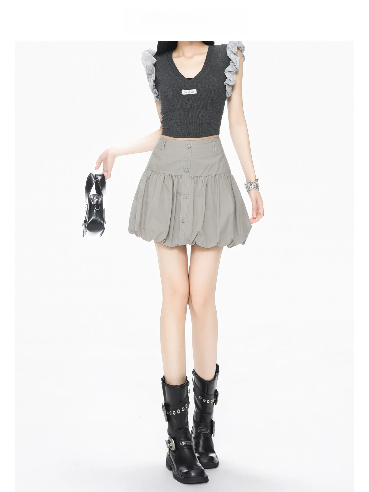 Falda Corta Gris Acolchada Forever 21 para Mujer, Falda de Media Pierna con Cintura Alta y Diseño de Capullo de Flor, Estilo Casual con Botones para Verano