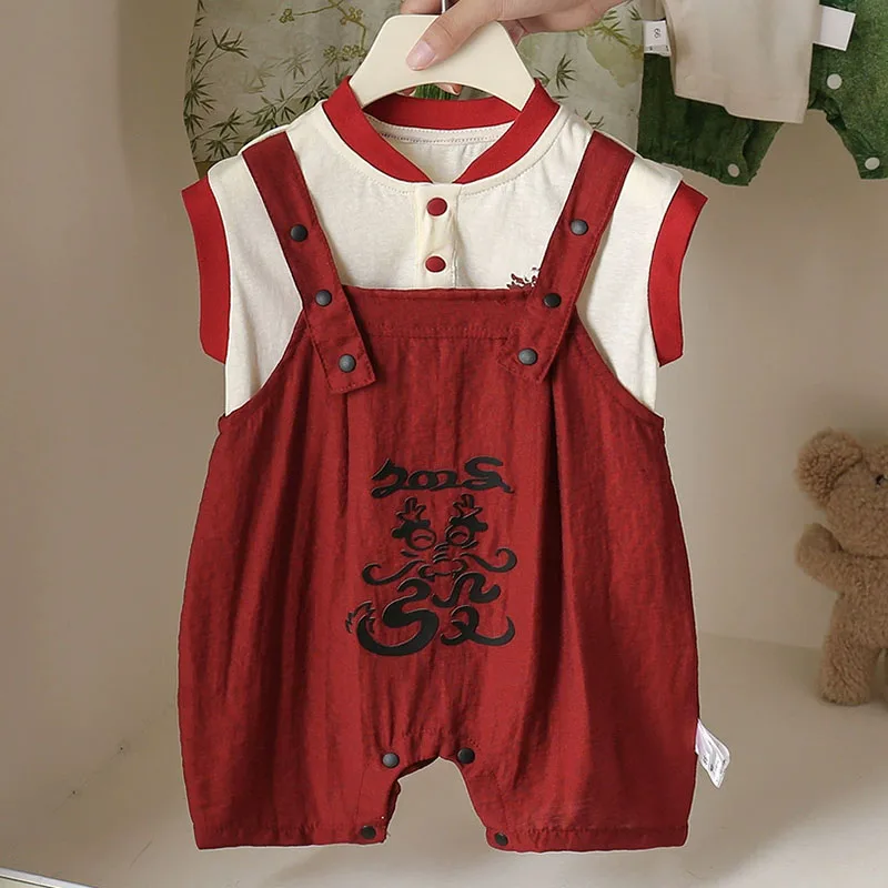 

2Piece Summer Girls Outfit Sets Toddlers Boys Clothing Chinese Style Red Sleeveless Cotton Tops+Overalls Baby Newborn Items B241