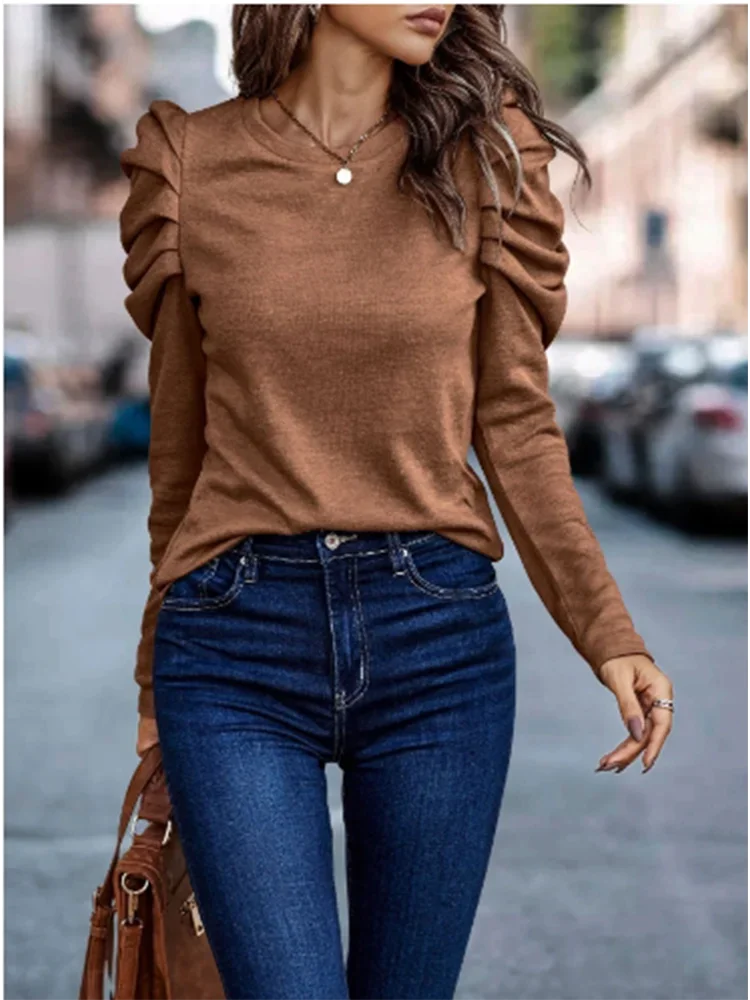 Nice Women's Button Bubble Long Sleeve Shirts Solid Color Round Neck T-Shirt Autumn Elegant Commuting Style Top