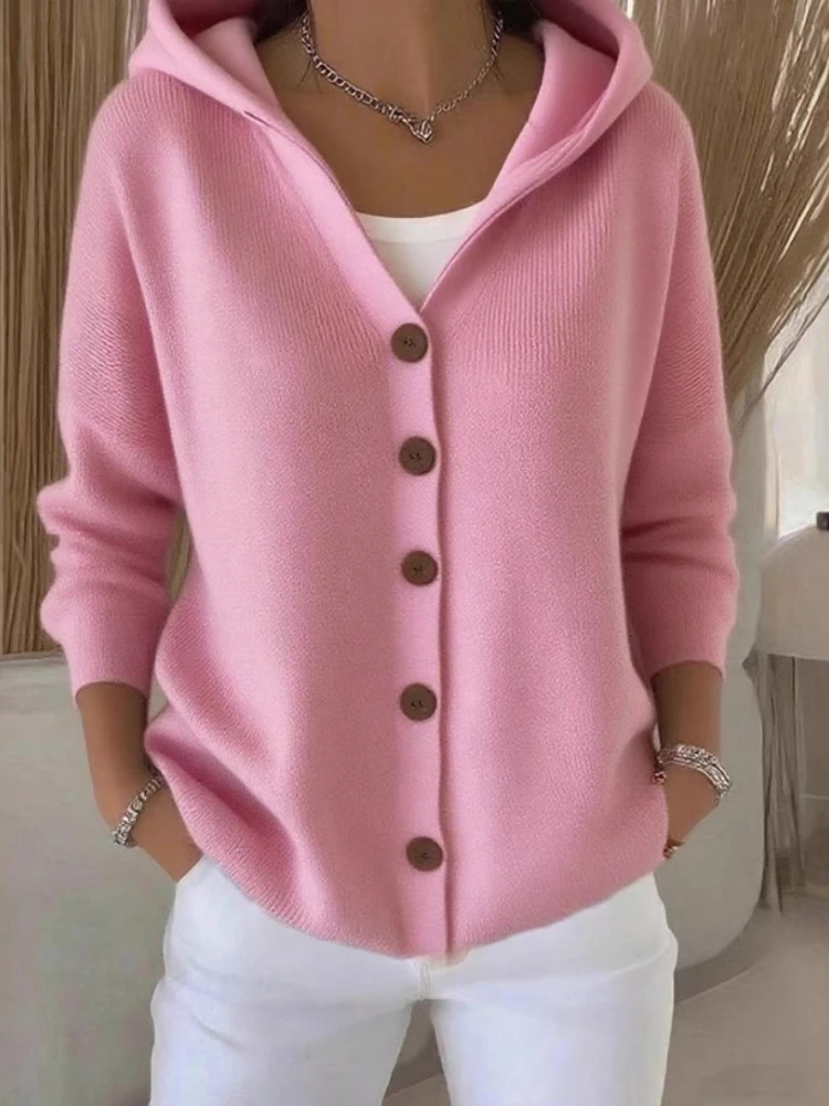 2026 autumn and winter new hooded knitted cardigan women's single-breasted loose and thin solid-color sweater jacket multi-color