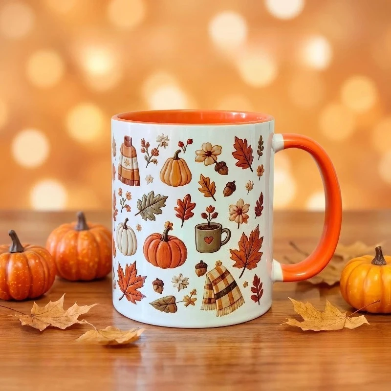 Autumn Thanksgiving Themed Ceramic Mug Pumpkin Maple Leaf Printed Coffee Cup As A Birthday Gift for Friends
