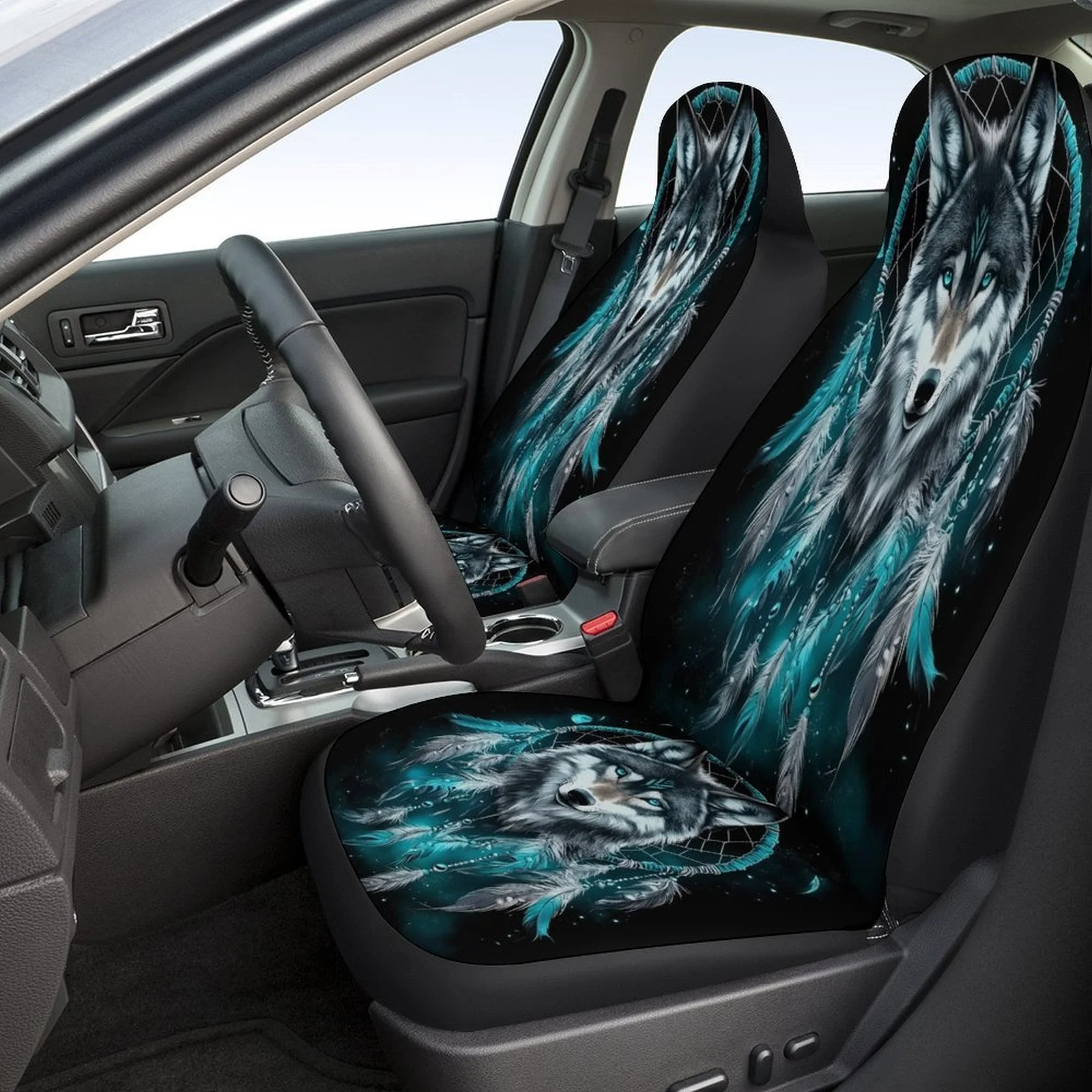 Wolf Dreamcatcher Themed Car Seat Cover Set - Stylish Black & Blue Design, Full Coverage For Front & Rear Seats, Fits Most Cars,