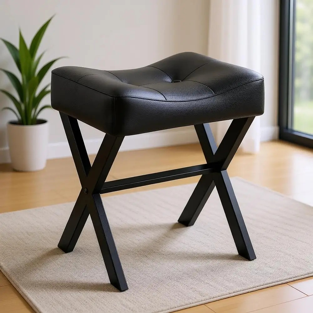 

18-Inch Padded Leather Vanity Stool with Metal X-Leg, Black Ottoman Accent Chair
