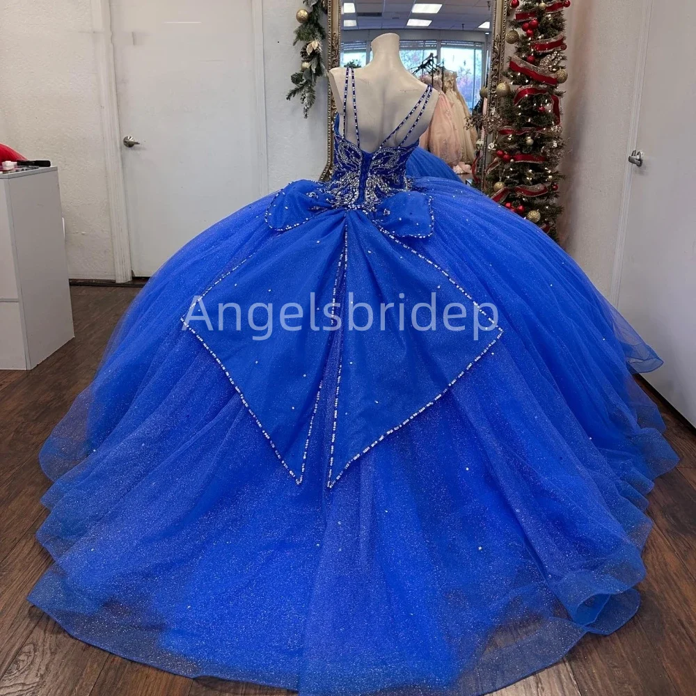 Angelsbride ชุดเดรสชุดไปงานเต้นรำสีน้ำเงินเข้มประดับด้วยลูกปัดคริสตัลสายรัดปาเก็ตตี้