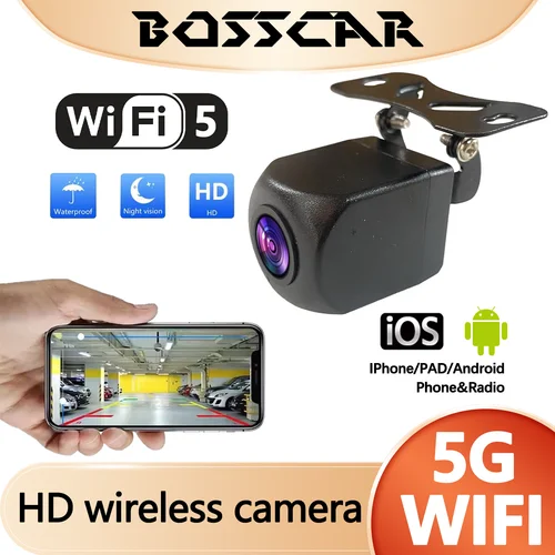 Imagen 1 del producto BOSSCAR-cámara de visión nocturna inalámbrica Universal, cámara de visión trasera HD para coche, impermeable, Wifi, cámara de marcha atrás, 5V, USB, 12V, compatible con Android IOS