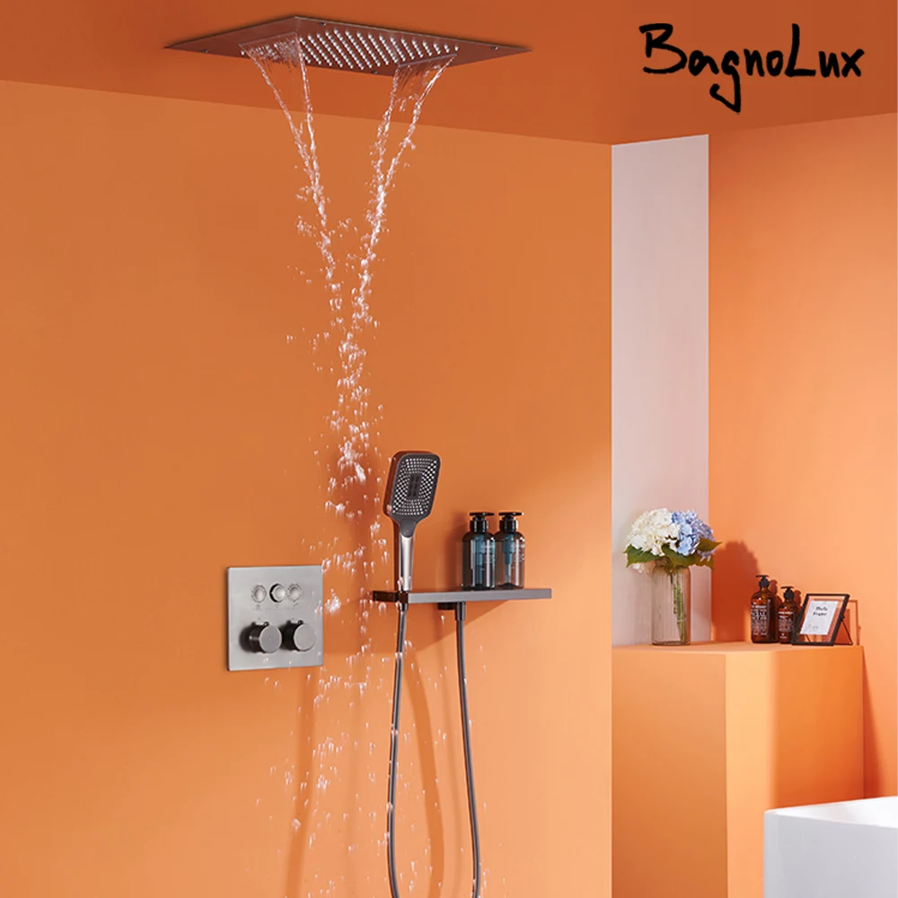 

Luxury Solid Brass Thermostatic Shower System Wall Mounted Hot&Cold Water Ceiling-Embedded Waterfall Bathroom Faucet