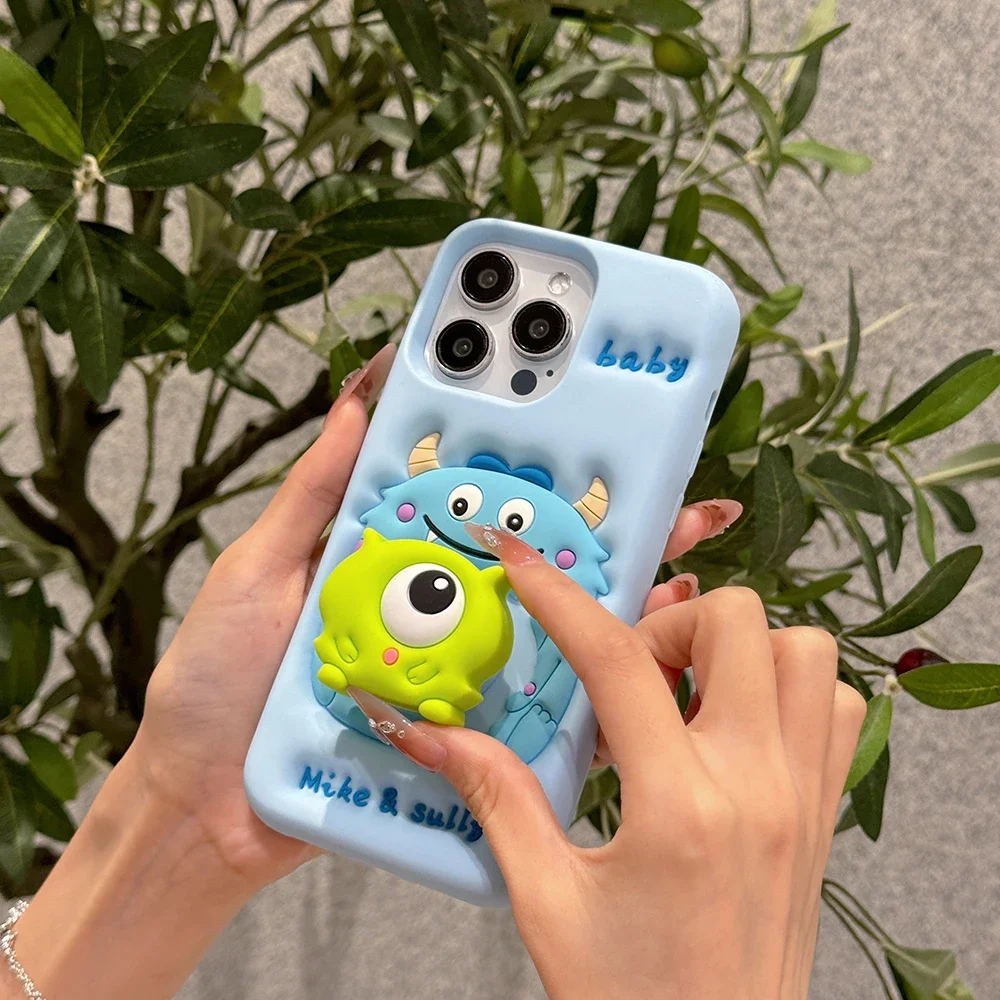 Cute Cartoon Monsters University with Bracket Phone Case for IPhone 16 15 14 13 12 11 Pro Max Plus Soft Silicone Back Cover Gift