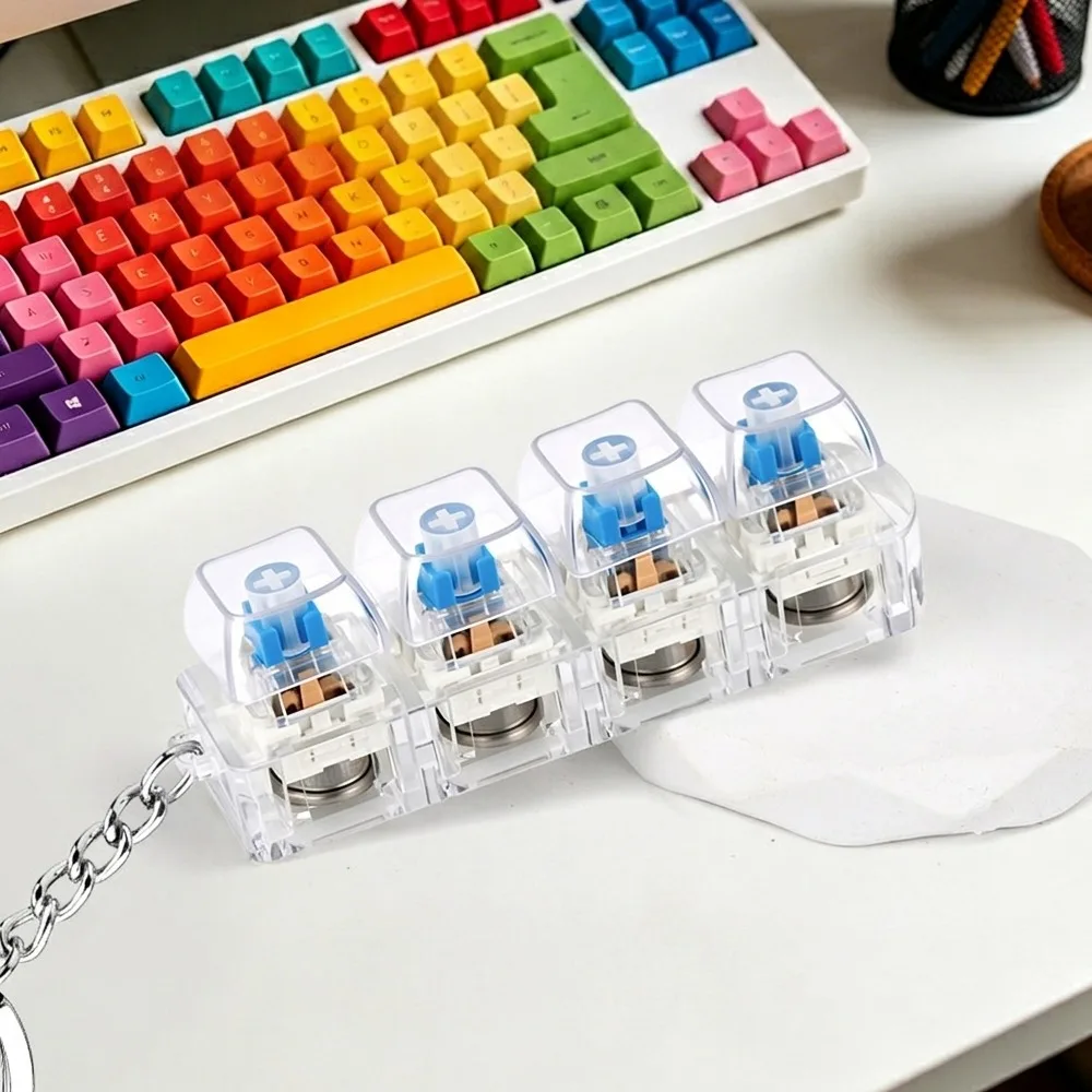 4 Keys LED Keyboard Keychain Crisp Clicky Press Feeling Transparent Light Up Keycap Fidget Wear-resistant with LED Light