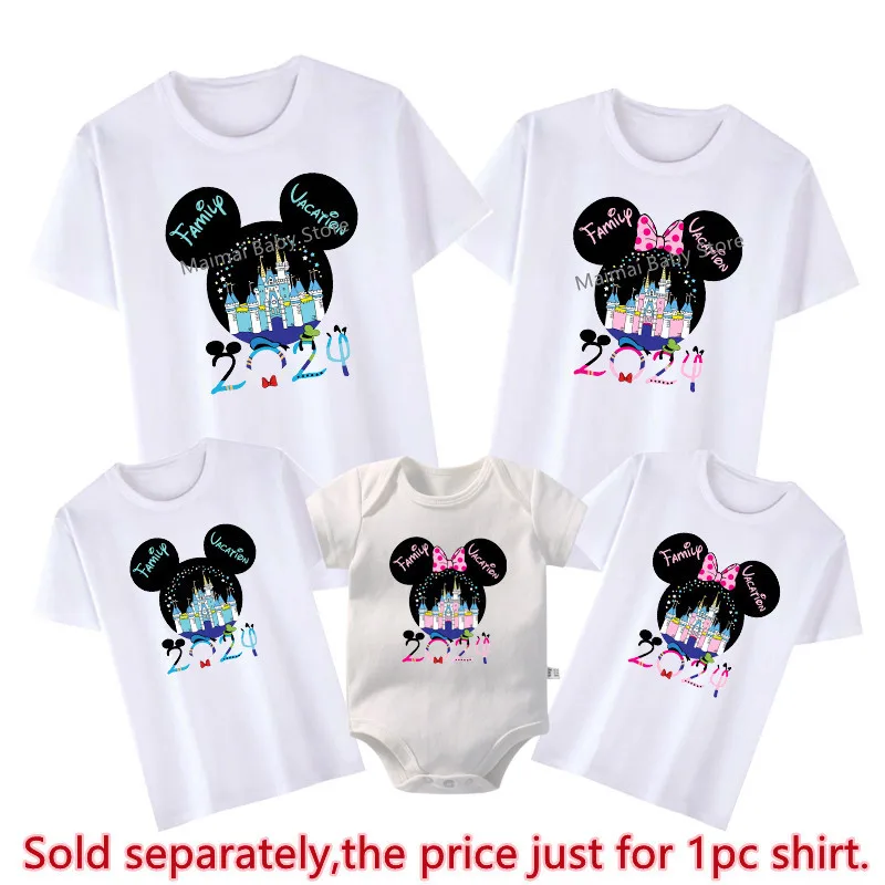 Magic Castle in Mickey and Minnie Head Family Matching Shirts Cotton Dad Mom Kids Tshirts Tee Look First Disneyland Trip Outfits