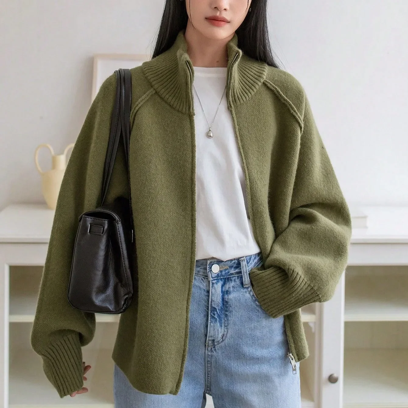 

Cardigan Women Sweaters Zipper Coats Stand Collar Full Sleeve Jumpers Y2k Streetwear Elegant Knit Open Stith Autumn Winter