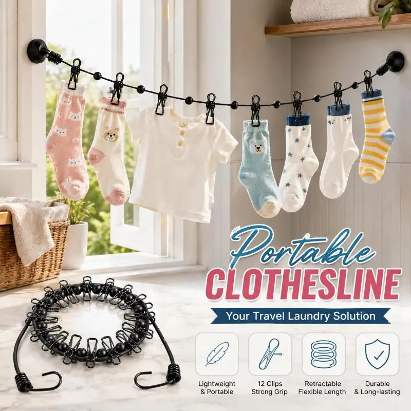 1Pcs Non Slip Plastic Drying Rope Portable Retractable Clothesline With 12 Clothespins For Travel Home Camping Laundry Storage