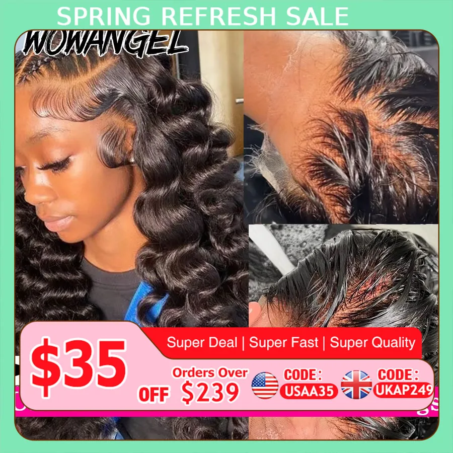 Wow Angel 34in 13x6 HD Lace Frontal Wigs 250% Loose Wave Human Hair Wig Melt Skins Large Lace Size Remy Wavy Hair For Women