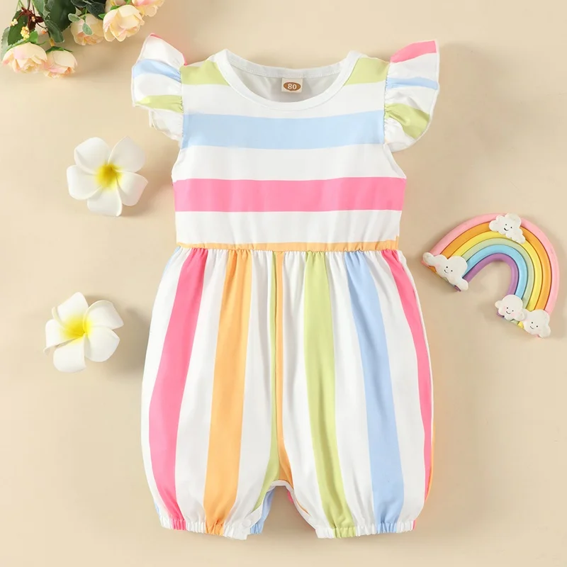 

2024 Newborn Baby Clothes Summer Baby Girl Outfit Colorful Rainbow Striped Flying Sleeve Baby Rompers Cool Baby Jumpsuits