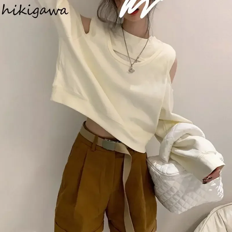 Cotton Off Shoulder Hoodies for Women Loose Long Sleeve Crop Tops Solid Color Hollow Out Sweatshirts Fashion Casual Y2k Clothes