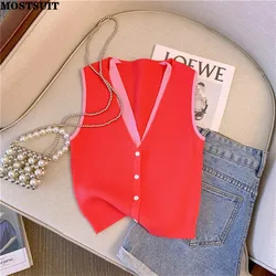 Fake Two Pieces Sweater Vest Women 2024 Summer Sleeveless V-neck Tops Knitwear Stylish Fashion Chic Sexy Ladies Jumpers Vests