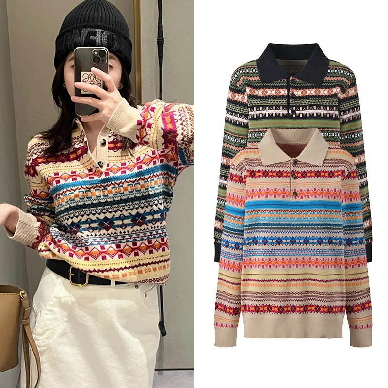 

Casual Printed Knitted Sweater Loose Fit Overhead M Fem Faionable Autumn New Sle Comfortable Leisure Collar Top