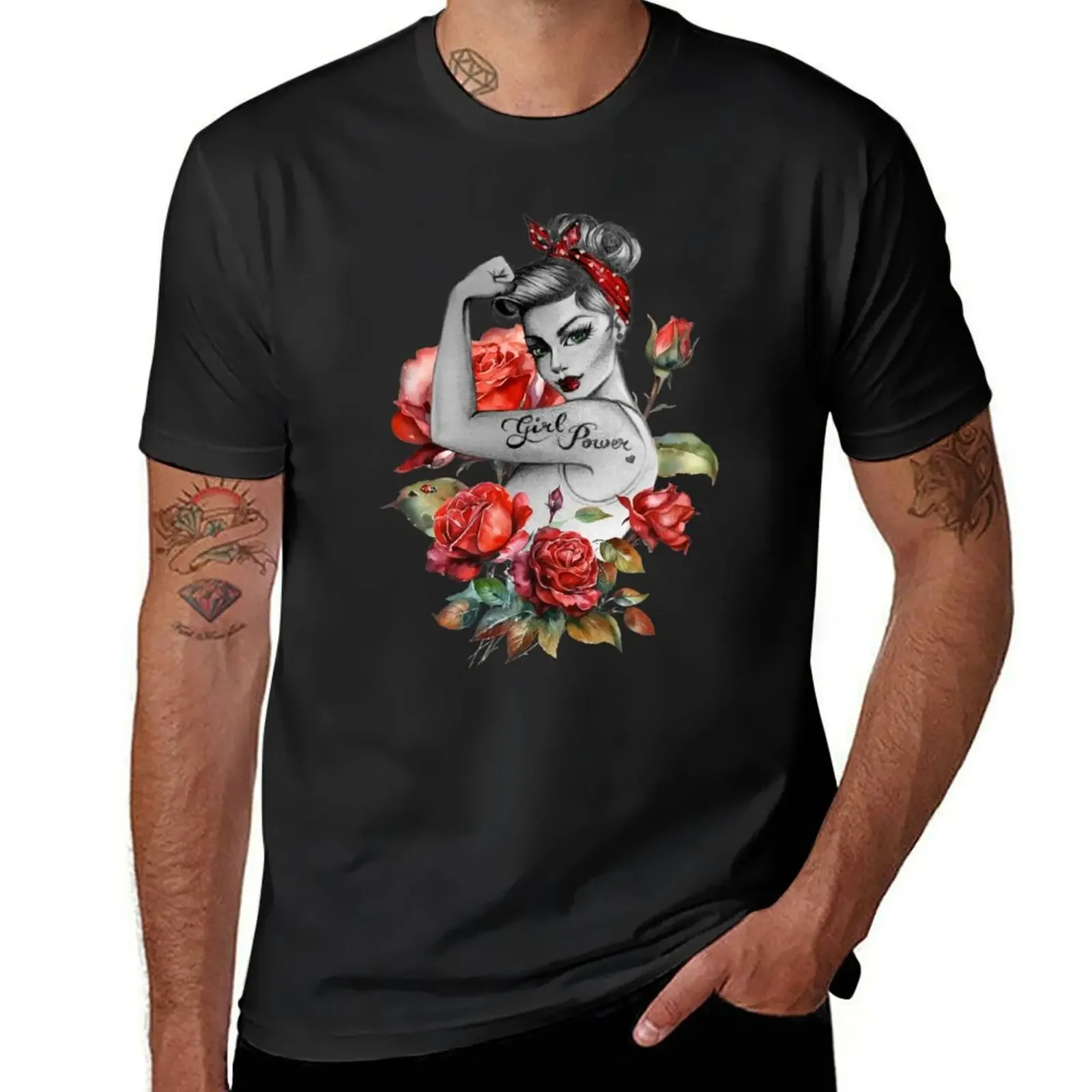 Red Roses and Ladybug Girl Power by Anne Cha Modern Rosie the Riveter T-Shirt vintage boys animal print Blouse Men's t shirts