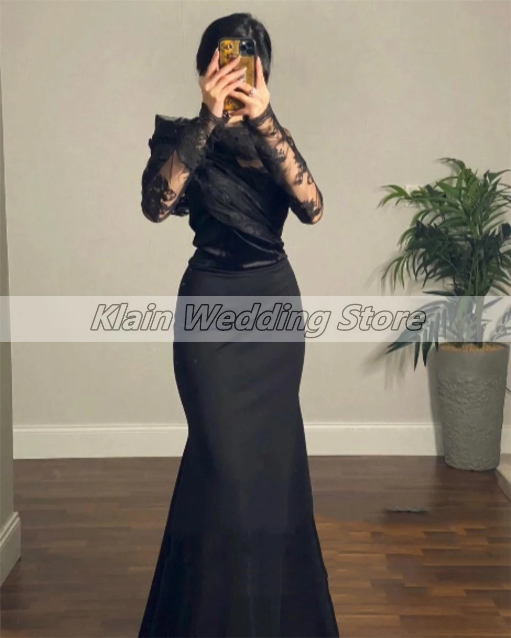 Customized Temperament Black Prom Gown Long Sleeve Lace Sexy Mermaid Dress Pleat Evening Dresses For Women فساتين للحفلات الراقص