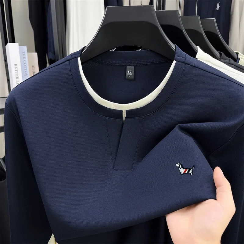 

Мужская высококачественная изысканная футболка с вышивкой и ножничным воротником, осенняя универсальная футболка с длинными рукавами, модная мужская одежда для отдыха, топы