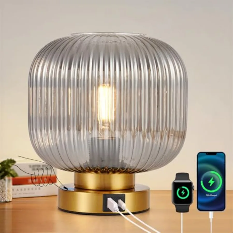 

Touch Table Lamp with USB C+A Charging Ports, 3-Way Dimmable Bedside Lamp for Bedroom, Glass Shade and Brass Base, Plug-in E26