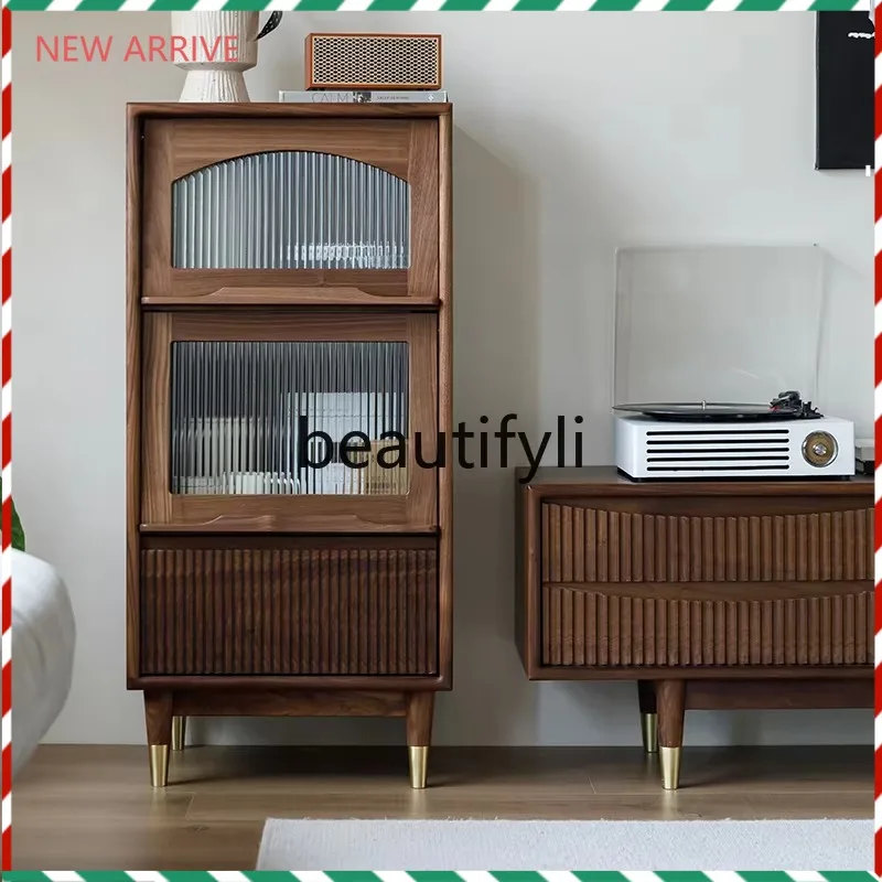 

D2520 North American black walnut TV side cabinet living room solid wood stand cabinet flip glass side cabinet