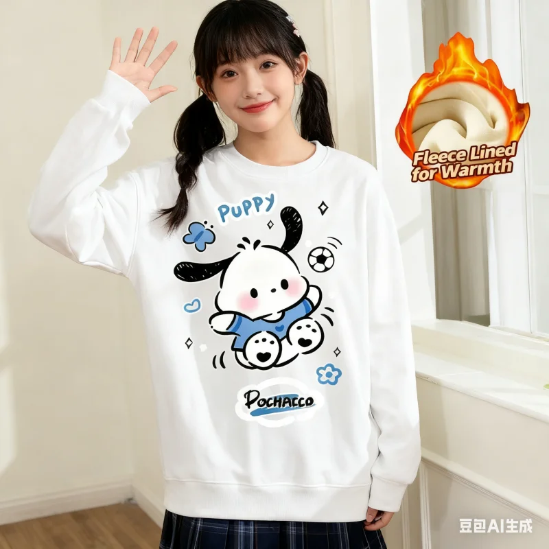 

Топ с длинными рукавами и круглым вырезом с принтом серии Sanrio 2025, милая и теплая футболка с круглым вырезом и длинными рукавами на флисовой подкладке, 100% хлопок