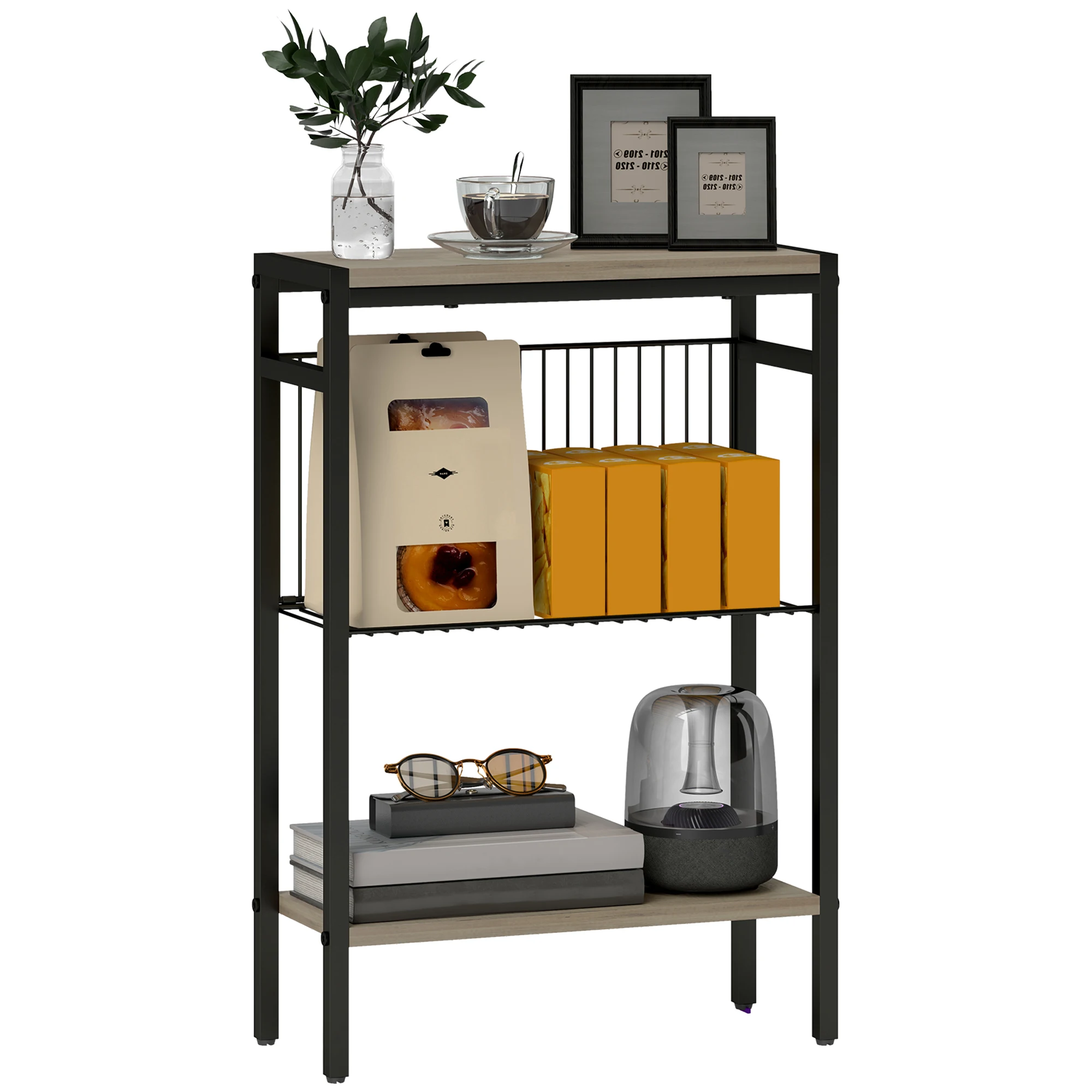 HOMCOM Mesa Auxiliar Estrecha de 3 Niveles con Estantes Abiertos y Estructura de Acero para Salón Dormitorio 43x18x62,5cm
